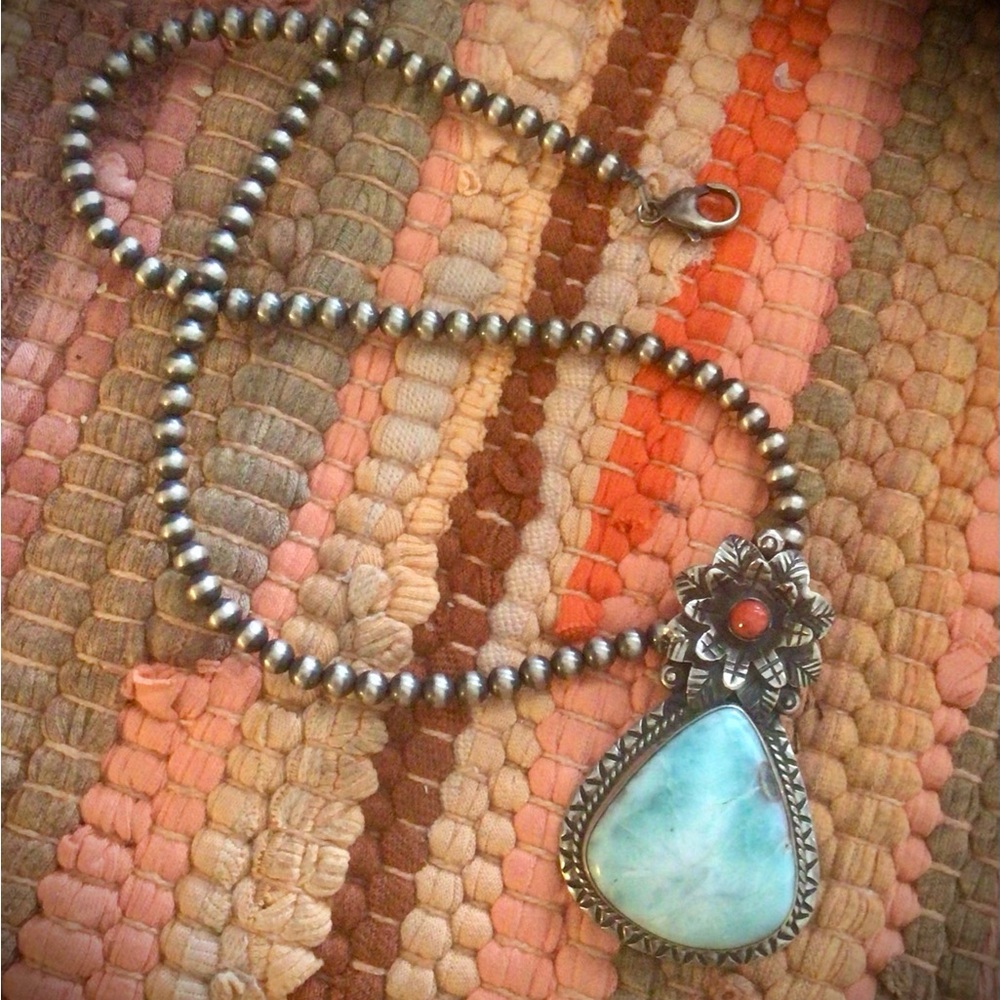 Sterling Silver Larimar stone w/Coral Pendent!